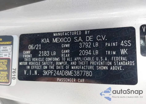 2021 Kia Forte Lxs из США, поврежденный, VIN 3KPF24AD8ME387780